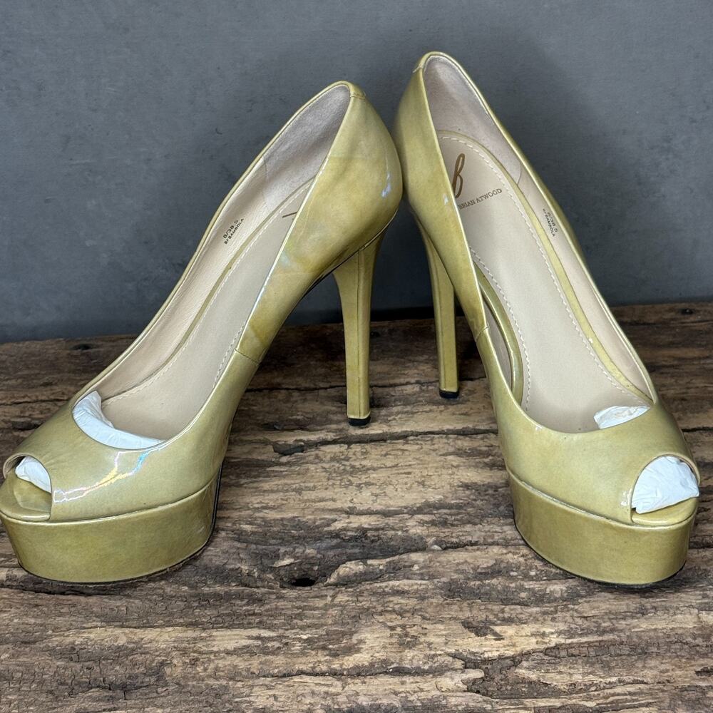 Brian Atwood Bambola Oil Stain Patent Peep Toe Platform Pump US 8 EU 38.5